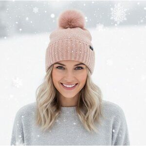 ❤️Women Victorias Secret studded beanie POM POM Hat BRAND Coral Ring Stones Glam